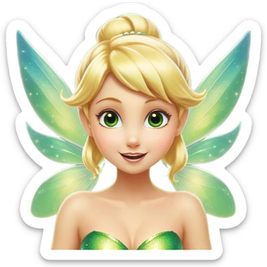 Cinematic Realistic Blonde Tinker Bell Fairy Portrait, head tilted dramatically with an exaggeratedly amused expression, featuring a striking, lively pixie form with radiant golden blonde hair and luminous, iridescent wings dusted with playful sparkles. Her expressive eyes brim with cheeky mischief, rendered with vibrant, lifelike textures and dynamic natural lighting that imbues the scene with an air of magical whimsy and over‐the‐top fairy fun. sticker