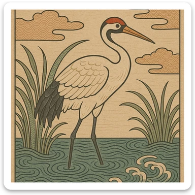 ukiyo-e style illustration of a crane bird standing in water sticker