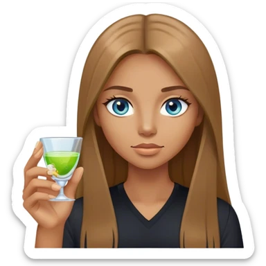 tan woman, black shirt, long light brown straight hair, grey blue eyes, holding a shot with lime sticker