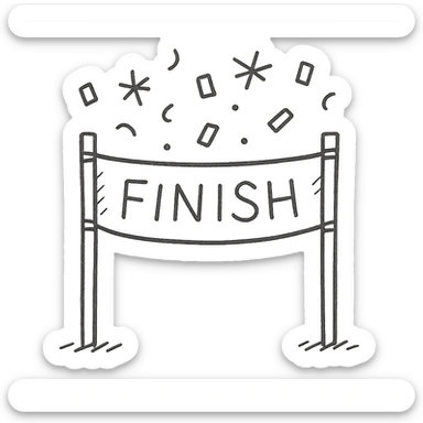 hand-drawn outlined icon of a finish line with confetti, playful, for module completion sticker