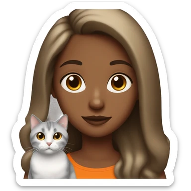 brown girl long brown hair with the under part blonde and a gray and black cat with orange spots on her shoulder sticker