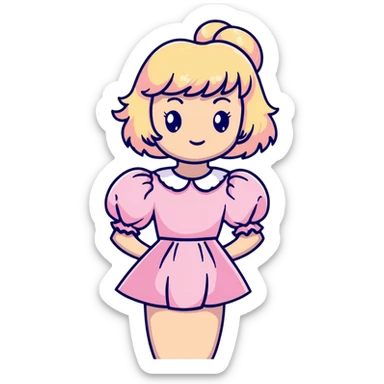 Blonde, pale girl with bangs and curly hair and a pastel pink puff sleeve dress sticker