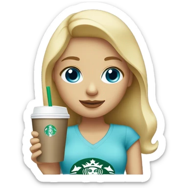 blonde girl blue eyes with Starbucks cup drink sticker
