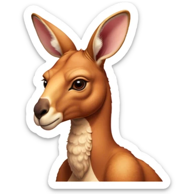 Cinematic Noble Adult Red Kangaroo Portrait Emoji, Poised and regal, with a robust, muscular build, tawny reddish fur, and a distinctive camel-shaped head featuring a slightly elongated snout, prominent ears, and keen, observant eyes, Simplified yet sharp and sophisticated features, highly detailed, glowing with a warm, sunlit glow, high shine, intelligent and commanding, stylized with an air of outback authority, focused and vigilant, soft glowing outline, capturing the essence of a watchful guardian that seems ready to bound out of the screen with effortless power! sticker