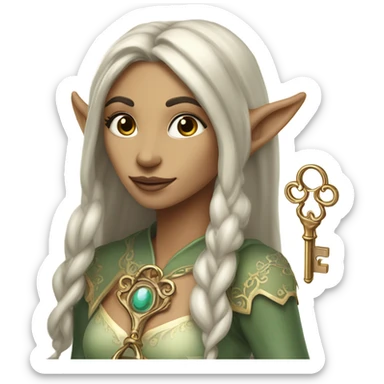 an elf woman login holding a big key sticker