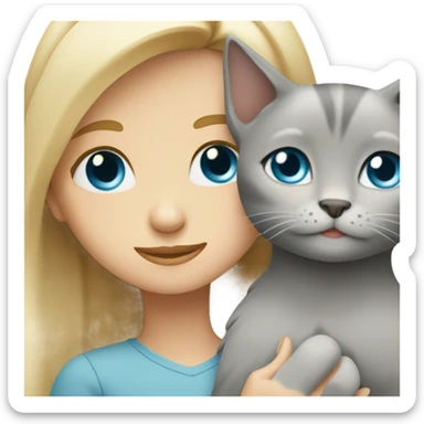 blonde girl with blue eyes hugs grey cat with brown eyes  sticker
