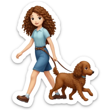 A long-haired girl walking a brown curly dog sticker