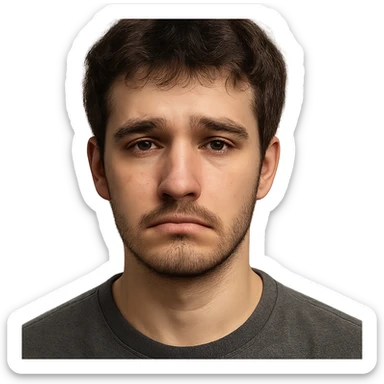 19-year-old boy with light beard and lightly grown mustache, sad expression, portrait, detailed, realistic sticker