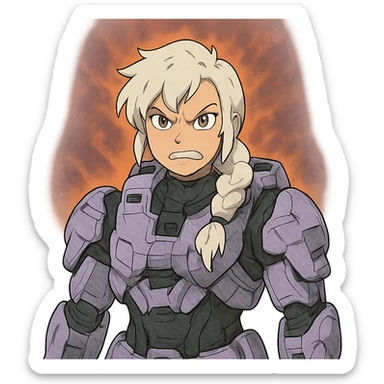 making an angry scowl, frown closed mouth, rage face, rage aura,  female, wearing reach spartan armor shoulder-unequip, long white braid hair with massive messy front side single bangs, gold yellow eyes, attention pose, D-cup size, HALO:series, no helmet, the armor is lavender color scheme, sticker