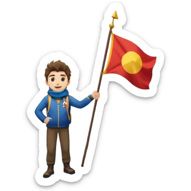 a happy guy standing on a tall, dramatic mountain with visible snowy patches, holding a flag sticker