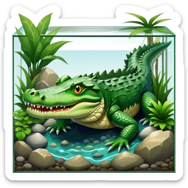 Crocodile resting in a large square terrarium, surrounded by rocks, water, and tropical plants. The green scales of the crocodile glisten under the light, with its sharp eyes focused ahead. The background features a naturalistic habitat with plants and water, giving it a lifelike feel. sticker