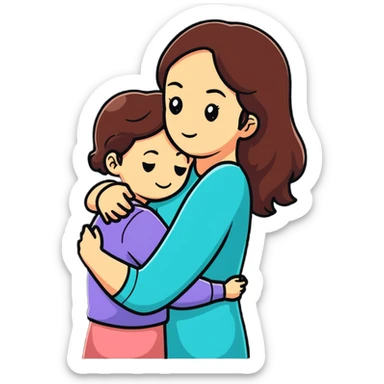 a girl hugging her mother, cartoonish sticker style sticker