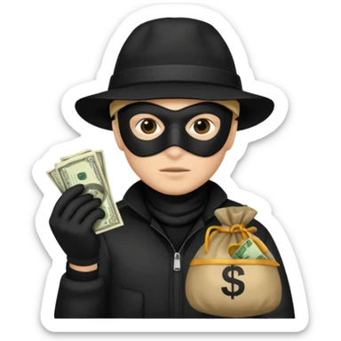 A emoji of a person wearing a robber outfit and a black hat and a black mask and a Money Bag sticker