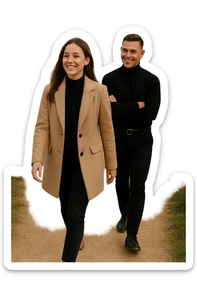 a man and a woman walk together along a winding path in a natural landscape. In one version, the woman leads confidently while the man follows a few steps behind, looking at lei con ammirazione. In un’altra versione, i ruoli sono invertiti, con l’uomo che guida e la donna che lo segue sorridendo. La scena trasmette l’idea che entrambi possano guidare o seguire, a seconda del momento. sticker