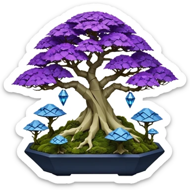 Futuristic wild glowing et alien moss maples Bonsai hair-fine-leaf group multi faceted intricate crystal boxwood Darth Vaderpurple and cream rose blue informal rocky cliffhanger eight trees forest planting in shallow origami slab style pot with big anthropomorphic feet  sticker