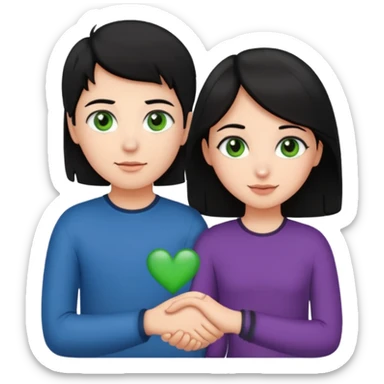 a girl with black hair and green eyes and a boy with brown hair and brown eyes holding hands, both blushing, emoji style sticker