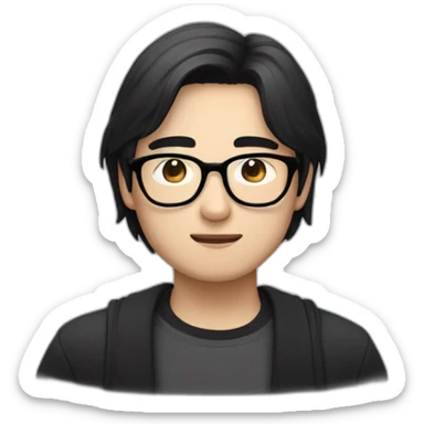 Heavy bespectacled Asian Man with black neck length hair with a black and white cat sticker