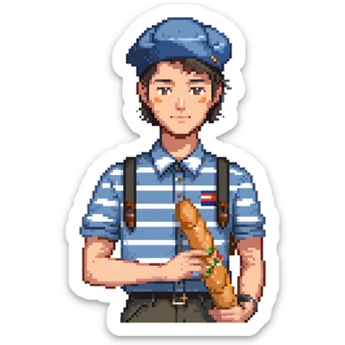 French man with blue and white striped shirt, black beret, holding a baguette sticker