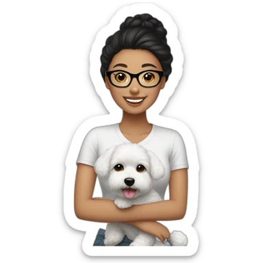 woman-black hair-bun-with glasses-with bichon dog-white-smile sticker