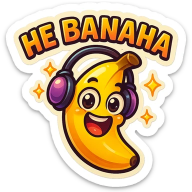 Funny cartoon banana, big happy smiling face, wearing tiny headphones, wide excited eyes, tiny sparkles around, text above: "НЕ БАНАНА ", chibi style, Twitch emoji style, colorful, transparent background sticker