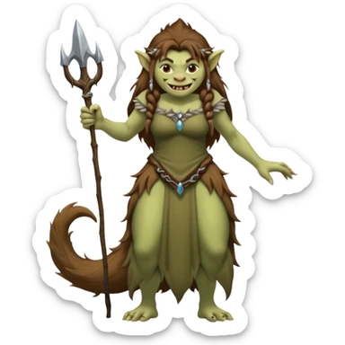 Norwegian forest mountain troll lady, Huldra, brown beautiful hair, pointy ears, long dress, long tufted tail, sharp teeth (full body) sticker