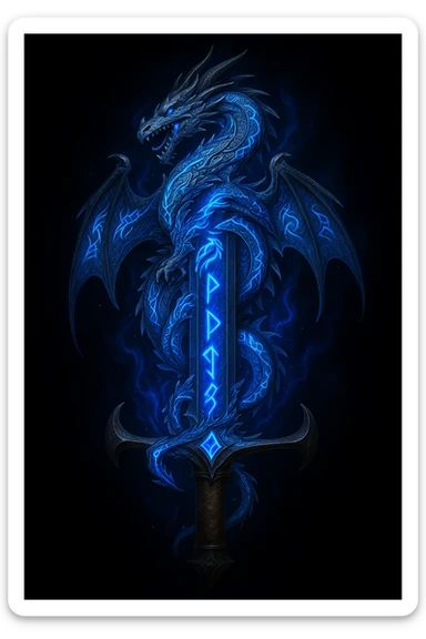 Add a dragon motif to the sword in a fantasy glowing runes style. The dragon design should be integrated on the hilt or blade, glowing with magical runes and fantasy elements. sticker