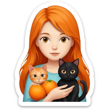 A long-haired girl holding a black cat and an orange cat sticker