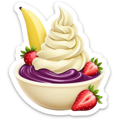 acai purple soft serve in a bowl strawberries and chopped banana sticker