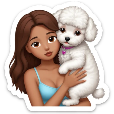 Tanned girl with long brown hair kissing a white bichon sticker