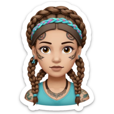 big lose braids starting from the top of the head woman face wiith big visible braids and mono color headband on head  face and braids as big as headband and lots and lots of face tattoos colored tattoos like a tattoo artist hair different color sticker