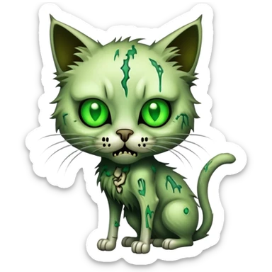 zombie cat with decaying fur, glowing eyes, and exposed bones sticker
