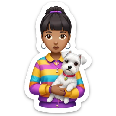 Black girl with short bangs holding a white schnauzer dog, colorful clothes sticker