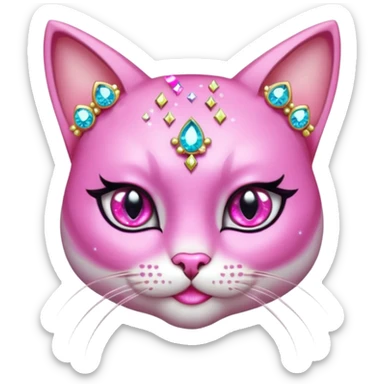 glamorous cat portrait, head and shoulders only, exaggerated pink makeup, bright eyeshadow, long eyelashes, shiny blush cheeks, sparkling face gems, glitter accents, elegant earrings, fantasy beauty style, cute 3D cartoon, mobile game icon style, clean background, no text, no watermark
 sticker