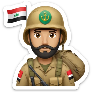 A tired and sad, swarthy Iraqi soldier with a beard, an Iraqi flag on his helmet, a sad expression and bags under his eyes sticker