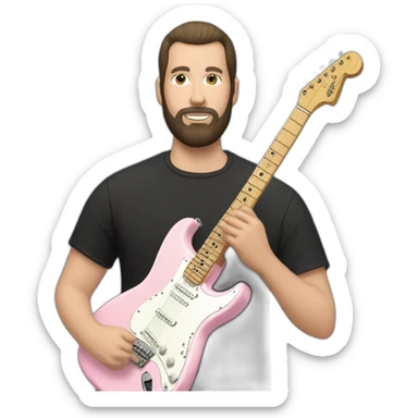 white man with dark beard and black t shirt and pastel pink stratocaster electric guitar sticker