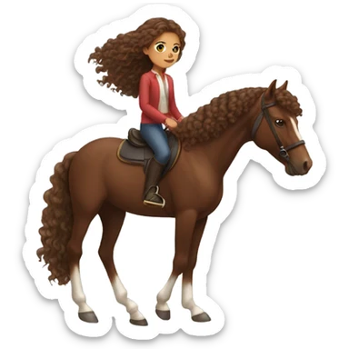 Girl with long brown curly hair on a bay horse  sticker