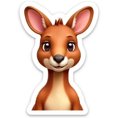 Cinematic Cute Adult Red Kangaroo Portrait Emoji, Head tilted playfully and inquisitively, showcasing a charming, robust build with soft reddish fur and a uniquely red kangaroo-like head featuring a gentle, elongated snout and rounded ears, with large, sparkling eyes full of wonder, Simplified yet irresistibly adorable features, highly detailed, glowing with a warm, friendly glow, high shine, affectionate and lively, stylized with a touch of outback whimsy, soft glowing outline, capturing the essence of a mischievous yet loving kangaroo that seems as if it could hop out of the screen into your arms! sticker