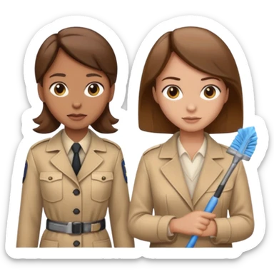 detective with beige clothing and brown hair interviewing suspect (girl) with cleaning clothing sticker