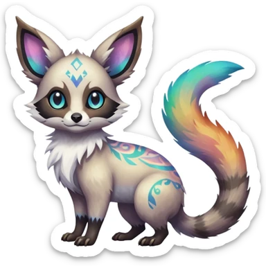 Rare iridescent white exotic epic aesthetic colorful Trico-Eevee-Civet-species-Fakemon-hybrid-creature, with intricate tattoo markings, full body sticker