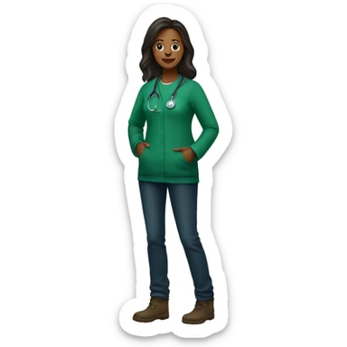 Doctor woman wearing green sweatshirt, dark jeans and UGGs sticker
