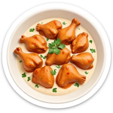 Butter Chicken Cinematic Realistic Butter Chicken Dish Emoji, depicted as tender chicken pieces sliced up and bathed in a creamy white sauce garnished with fresh cilantro, rendered with rich textures and vibrant, appetizing lighting. sticker
