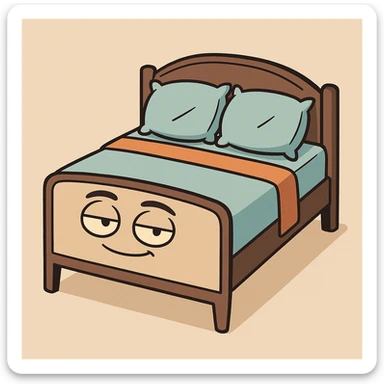 a modern bed with a sleek frame and pillows, minimalistic design sticker