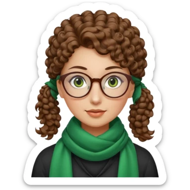 iranian woman, tight curly light brown hair in one high pony tail, glasses, green eyes, pretty, oval shape face, no hajib, scarf on neck sticker
