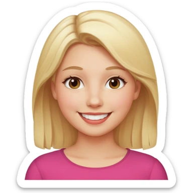 A woman has blonde hair with a smile sticker