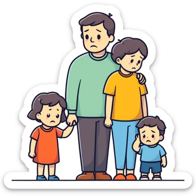 Group of father mother little boy and toddler girl very sad sticker