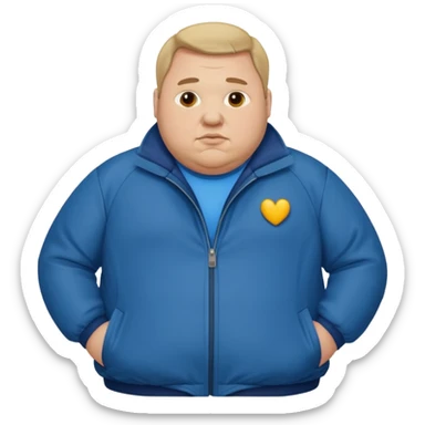 fat man wearing blue jacket standing foot sticker