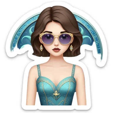 Create the zodiac sign leo as a pale brunette girl with elaborate makeup and dress that matches the zodiac sign, wearing sunglasses, confident sticker