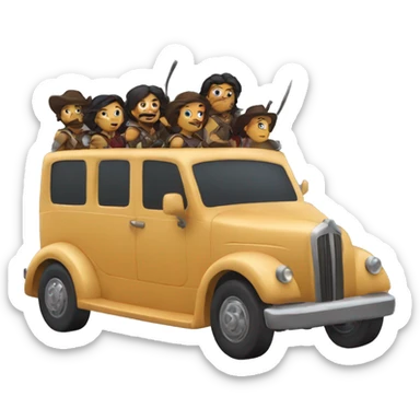 6 musketeers driving a semi, no weapons, racial mix, male & female sticker