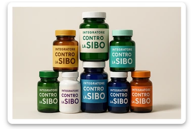 montagna di barattoli di integratori contro la SIBO con etichette in italiano sticker