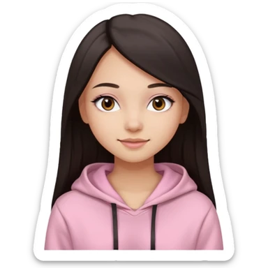A pretty girl with light skin and long straight black brown hair, wearing a very light pink basic hoodie with brown eyes and makeup and a round face sticker